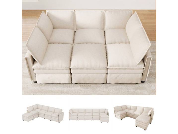WUVRIE Canape modulable XXL 6 a 7 places en chenille beige forme L ou U avec pouf mobile