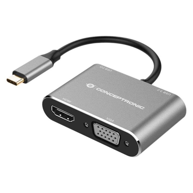Conceptronic Dock USB-C ->HDMI,VGA,USB3.0,100WPD 0.15m gr (USB-C, 4 Ports) (DONN16G)