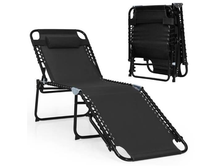 COSTWAY Chaise Longue Pliante avec Appuie-tête Amovible Dossier Réglable à 4 Positions Acier Antirouille pour Camping Terrasse