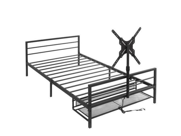 Stilvora Metallbett in Schwarz mit Led, Monitorhalterung und Aufbewahrungskorb, Metall, 1-Zonen, 90x200 cm, Schlafzimmer, Betten, Metallbetten