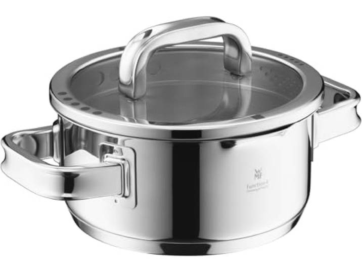 WMF Function 4 Advanced Kochtopf klein 16cm, Glasdeckel, Bratentopf Induktion 1,4l, Cromargan Edelstahl poliert, 4 Abgießfunktionen, wärmereduzierende Griffe, Innenskalierung, silber