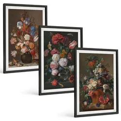 BILDER SET 3er Set - 40x60 cm Schwarzer Rahmen - Blumenarrangements in Vasen