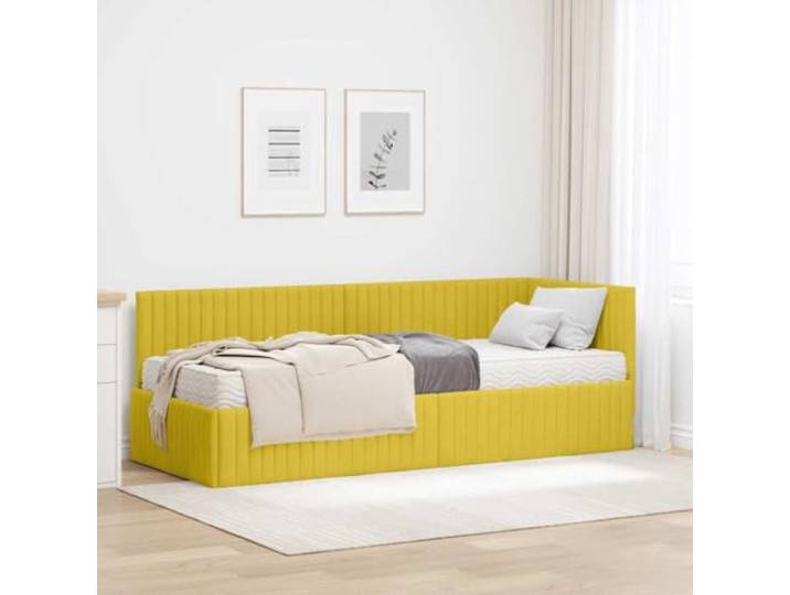 RJPLMFV Eckbettgestell, Velours, Gelb, mit Matratze, 2-teilig Wand-Kopfteil, Lattenrost, Bezug aus Polysamt, einfache Reinigung, einfache Montage