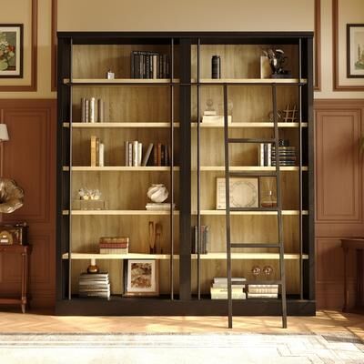 Large Ladder Bookshelf with Adjustable Rolling Ladder, Tall Library Bookcase Storage Display Unit