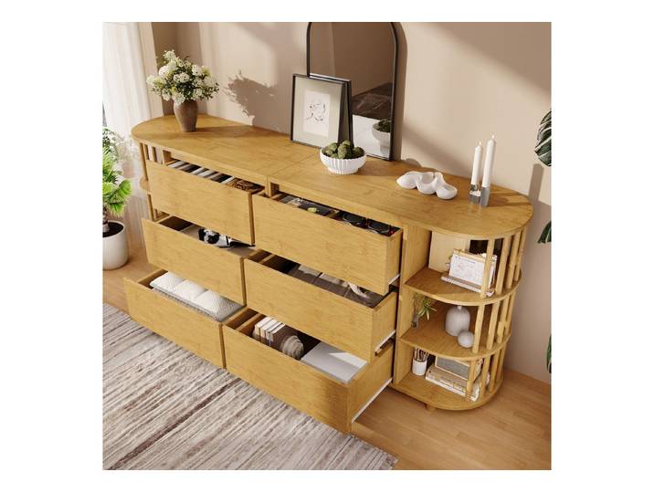 HAUSS SPOLE Sideboard mit Schubladen,Kommode Aufwahrungsschrank mit Säulen&Bambus-Regalen (Kommode, Buffetschrank, 1 St., 6 Schubladen, offene Regale), mit Säulen, Bambus-Regalen, Höhenverstellbare Füße