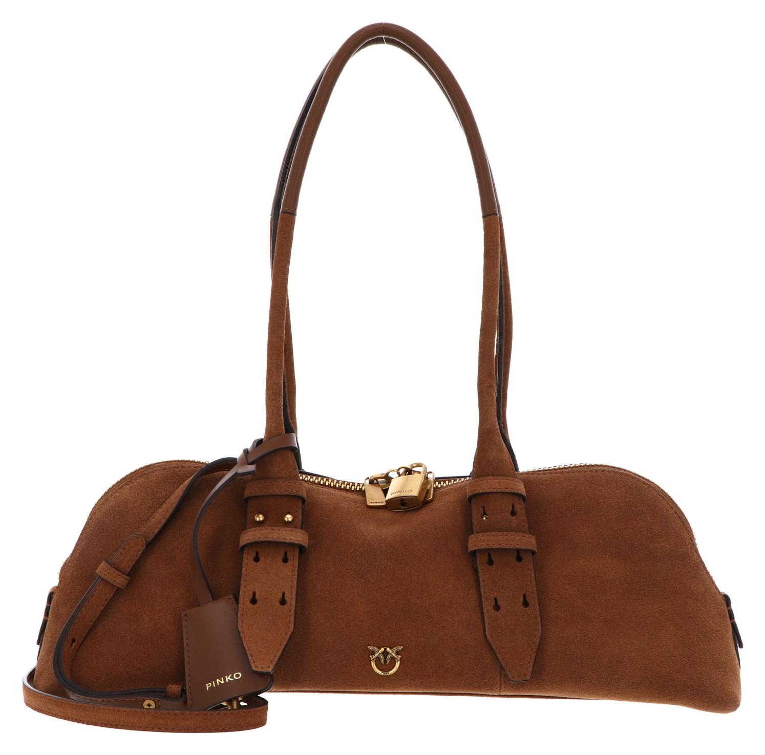 PINKO Handtasche Umhängetasche Bowling Horizontal Big Suede + Brown - Lion - Antique Gold braun