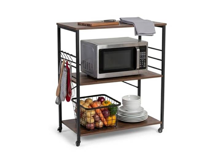 Relaxdays Chariot de Cuisine\, 3 étagères\, 6 Crochets S\, Brun/Noir 89x80x40 cm\, MDF/acier\, style industriel