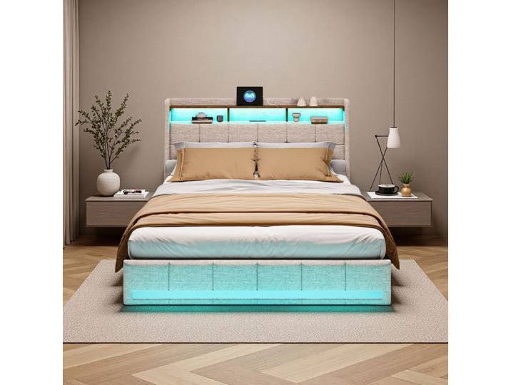 Lit 140x200 cm - COZY - LED - tissu en lin - cadre de lit double 140x200 cm - beige
