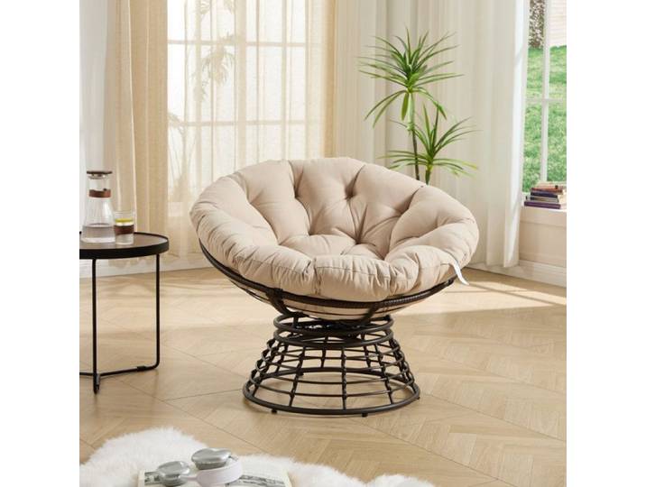 Fauteuil papasan pivotant 1 personne beige 92 x 67 cm coussin épais acier et rotin PE