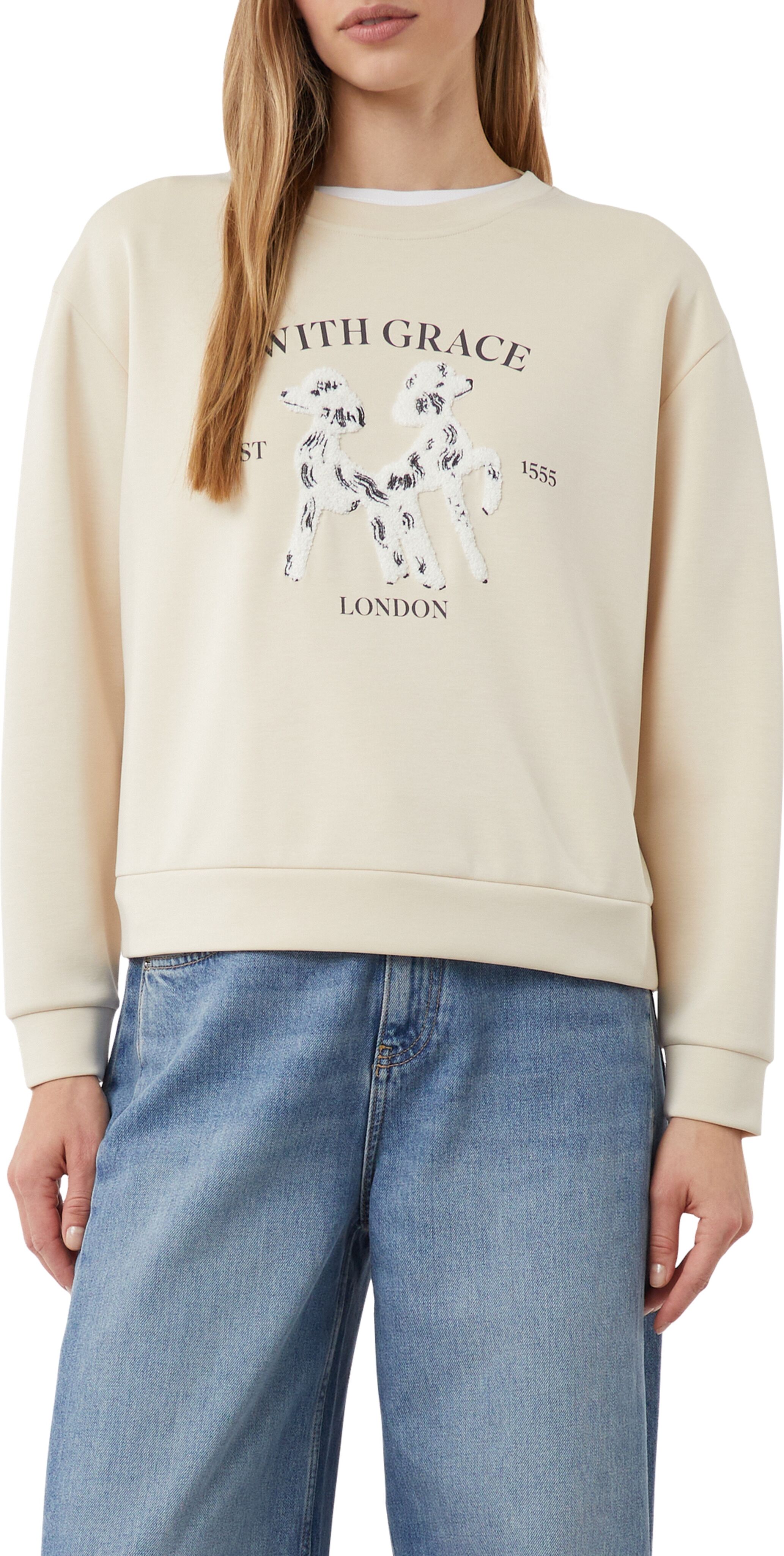 Sweatshirt COMMA, Damen, Gr. 34, beige (ecru), Sweatware, Obermaterial: 49% Polyester, 45% Viskose, 6% Elasthan, bedruckt, unifarben, normal hüftbedeckend, Rundhals, Bündchen, Sweatshirts Sweatshirt, mit Print und Aufnähern ecru 34