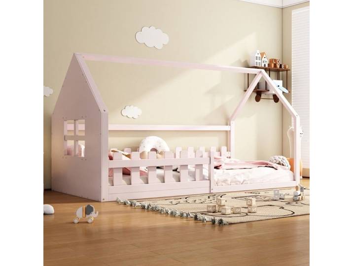 Cadre de lit Le schéma de couleur du lit est simple et beau Panneau maison Couchage 90 × 200 cm Pour chambre Rose Lit enfant
