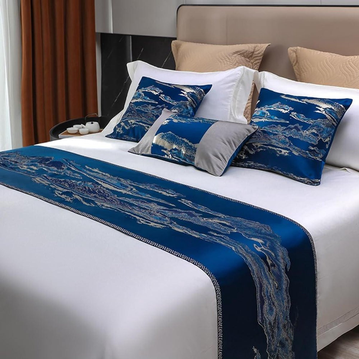 Blauwe bedloper van jacquard stof voor volwassenen, 210 x 45 cm