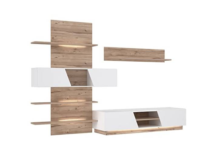 Newroom Wohnwand Weiß Eiche modern hängend grifflos mit LED Wohnzimmer