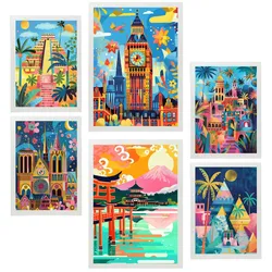 POSTER Set Mit 6 Von Mary Blair Inspirierte Luxor Big Ben Ägypten Chichen Itza Notre Dame Itsukushim A3 & A4 Weißer Rahmen