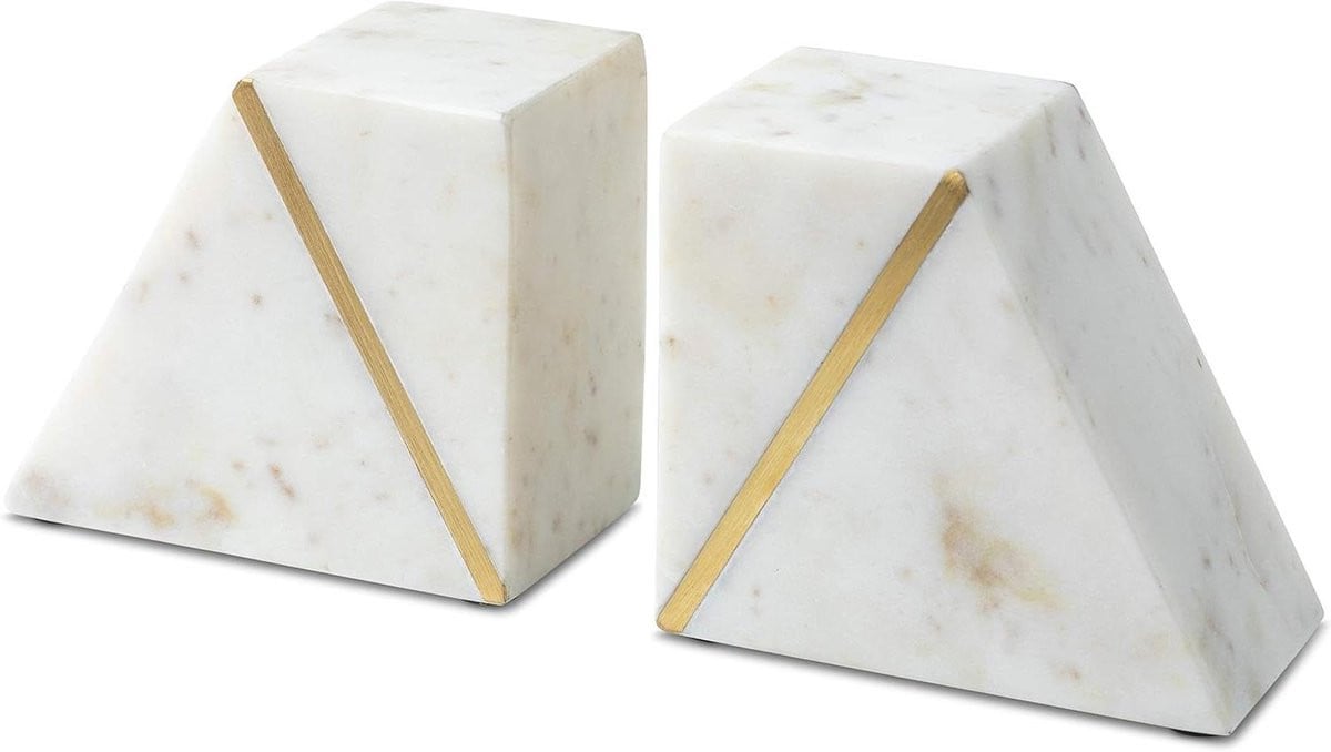 Set van 2 handgemaakte marmeren boekensteunen - Decoratieve boekhouders - Wit met goud