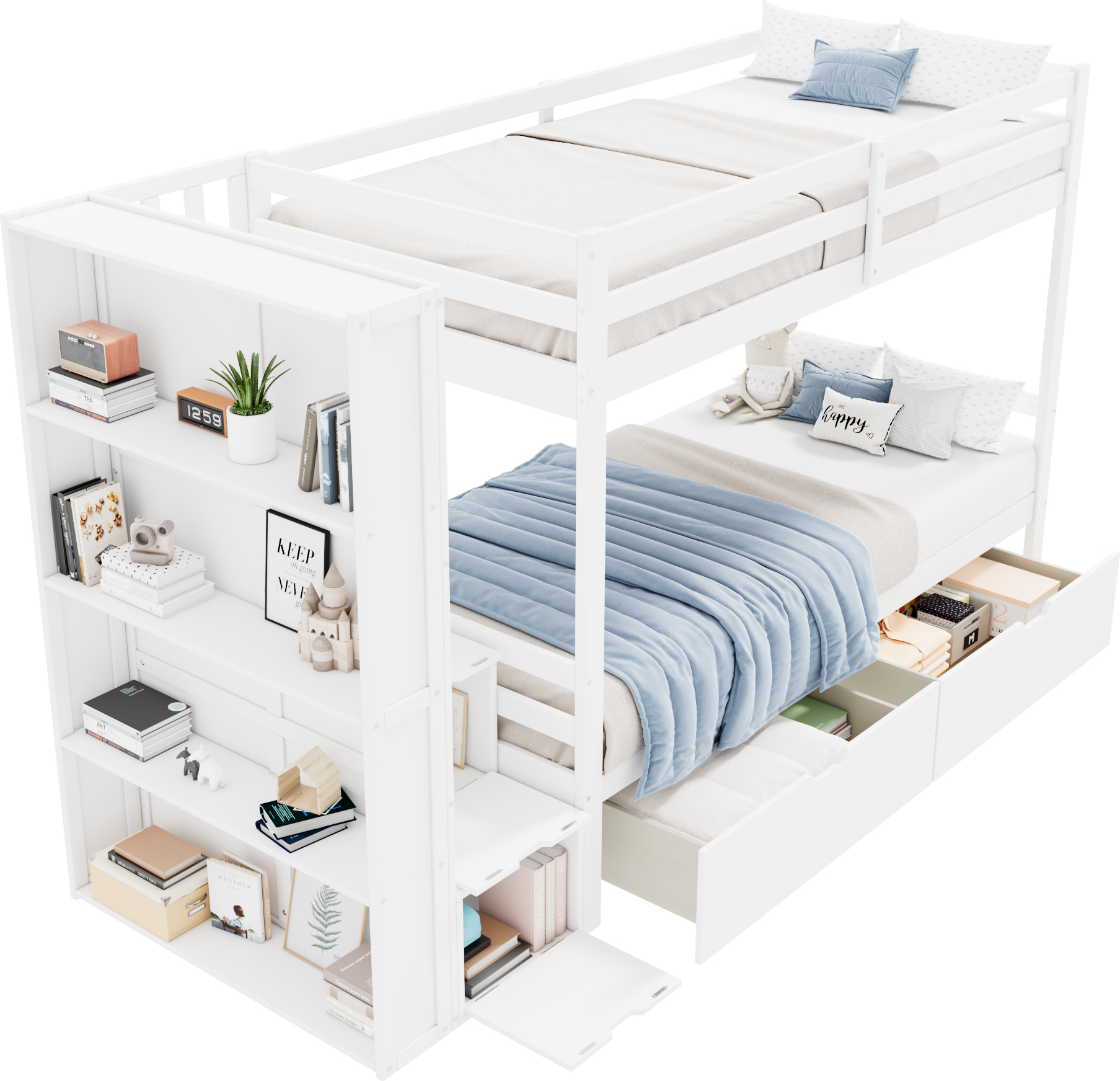 Etagenbett,Hochbett,Multifunktionales Kinderbett,mit Lagerregal,Aufbewahrungstreppen,zwei Schubladen,Großer Stauraum,Pine+MDF