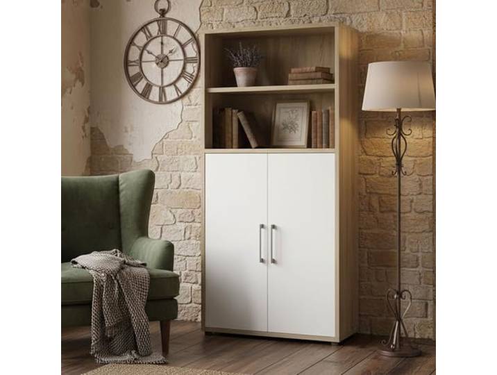 Dmora - Kommode Louna, Wohnzimmerbuffet, Wohnzimmer-Sideboard, Moderne Küchen-Speisekammer, 89x40 h186 cm, Eiche und Weiß
