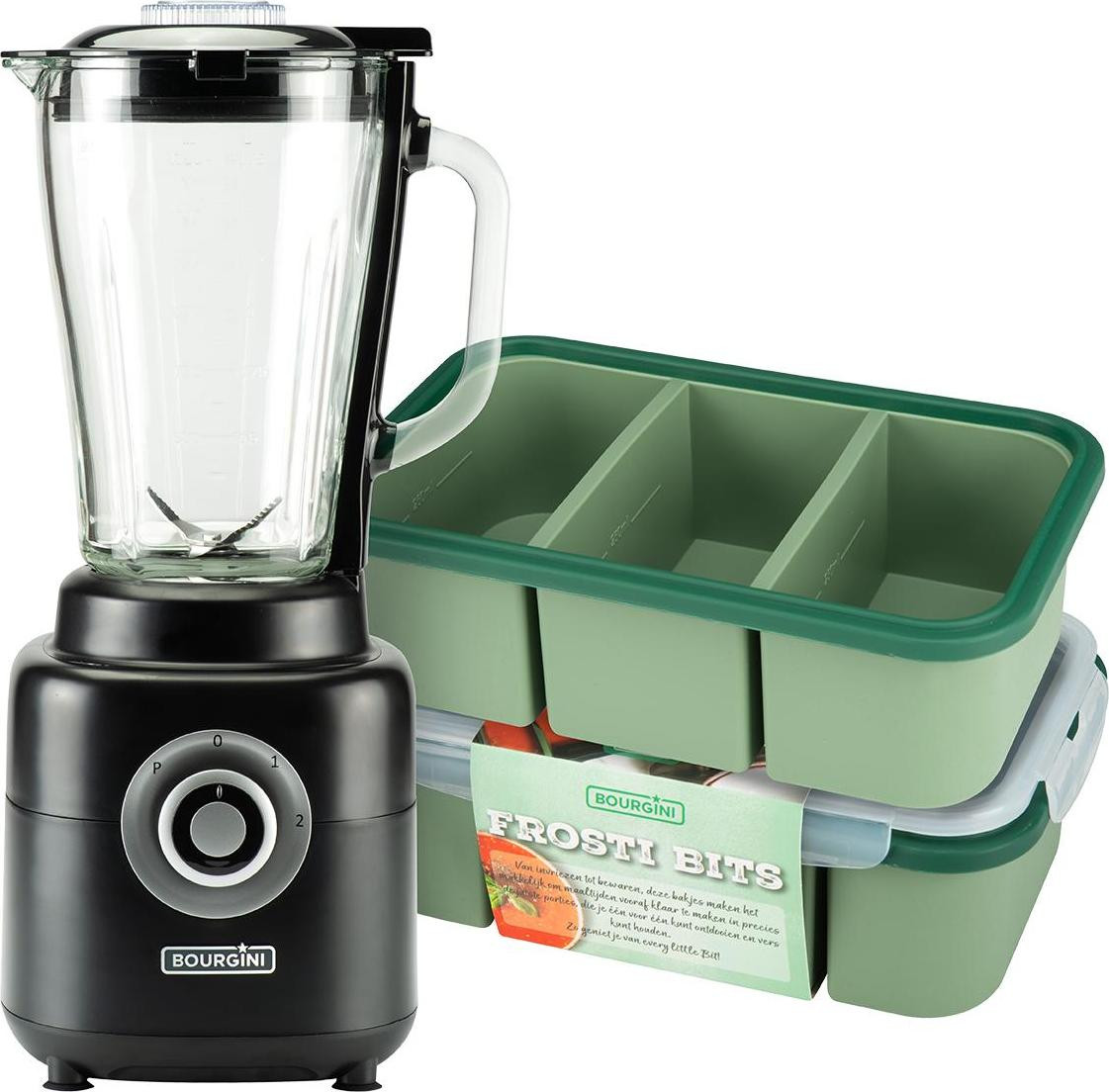 Bourgini Power Blender en Frosti Bits Smoothie Prep set met 1.75L Power Blender en 2 siliconen meal prep bakjes, 1000 Watt