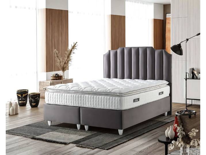 Xlmoebel Polsterbett Elegantes graues Bett mit Textil-Holz-Matratze von XLMOEBEL (Bett mit Matratze, 1-tlg., Graues Polsterbett mit Matratze), Made in Europa