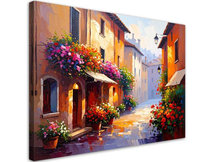 Feeby Leinwandbild Italienische Gassen Blumen Häuser 120x80cm, Beige, Stadtarchitektur, Rechteckig, 120x80 cm, Bilder & Rahmen, Bilder, Leinwandbilder
