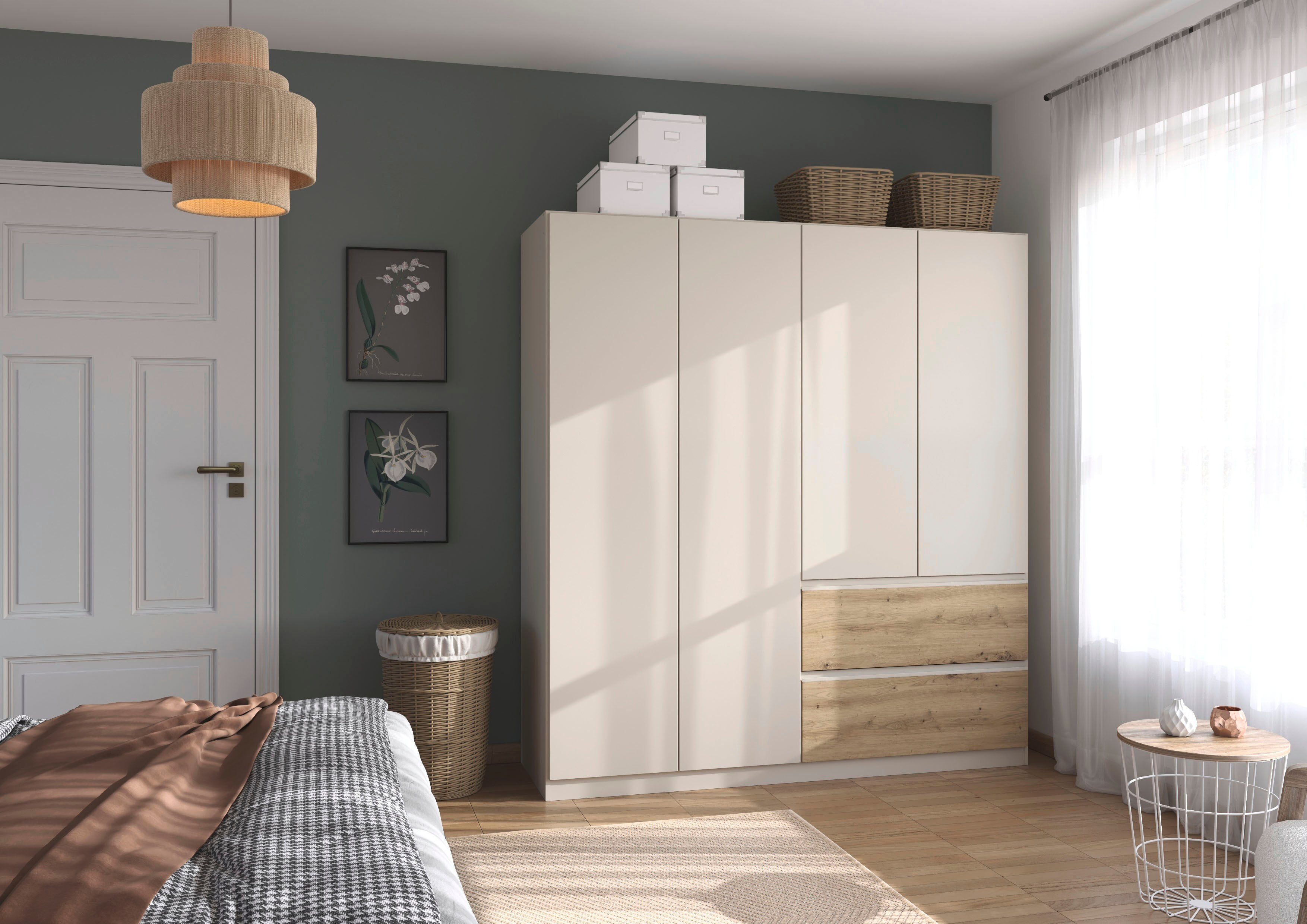 Drehtürenschrank RAUCH "Kleiderschrank Schrank Garderobe COSTA in den Breiten 91/136/181 cm", beige (beige (champagner), eiche artisan, eingriffe beige (champagner)), B:181cm H:197cm T:54cm, Holzwerkstoff, Schränke, Drehtürenschrank, viel Platz, grifflose