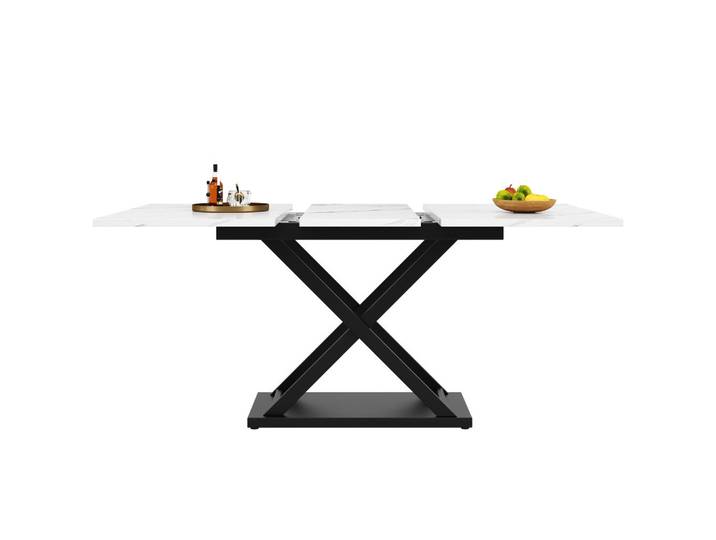 Flieks Esstisch Ausziehbar 120-160cm Marmor Weiß Schwarz Kreuzbeine, Metall, 120x75x80 cm, Esszimmer, Esstische