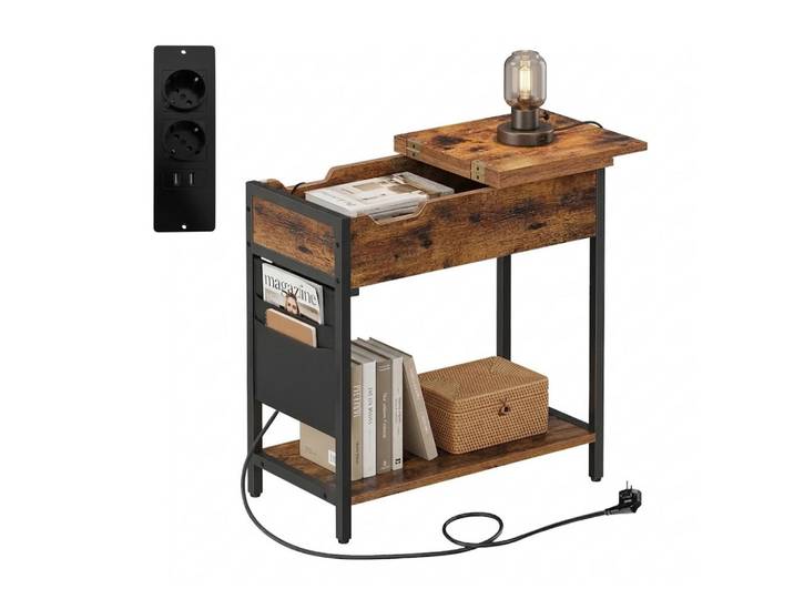 Relaxdays Beistelltisch Vintagebraun mit Steckdose Usb, Mehrfarbig, Metall, 30x60x31.5 cm, Wohnzimmer, Wohnzimmertische, Beistelltische