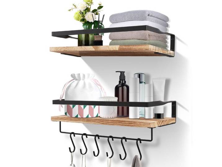 UTEN Lot de 2 Étagères Murales Bois Rangement Mural avec Porte-Serviettes et Crochets Étagère Flottante pour Salle de Bain Cuisine