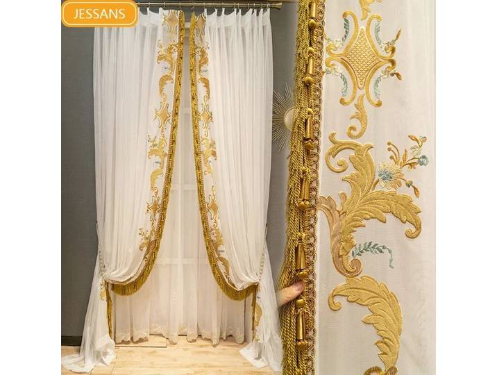 Écran de fenêtre brodé en mousseline de soie dorée, rideaux en dentelle blanche pour salon, chambre à coucher, balcon, cloison de porte, Tulle