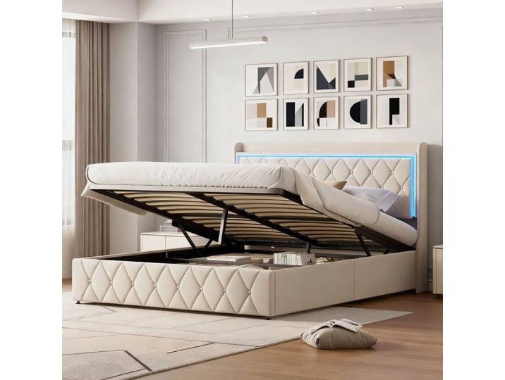 Lit 160x200 cm DRELYGWEA LED USB cadre de lit double 160x200 lit adulte 160x200 tissu en velours beige