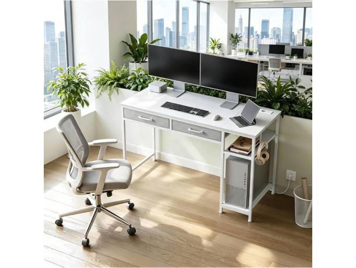 Bureau informatique droit IVMEU 120 x 51 x 75 cm 2 tiroirs en tissu station de charge blanc