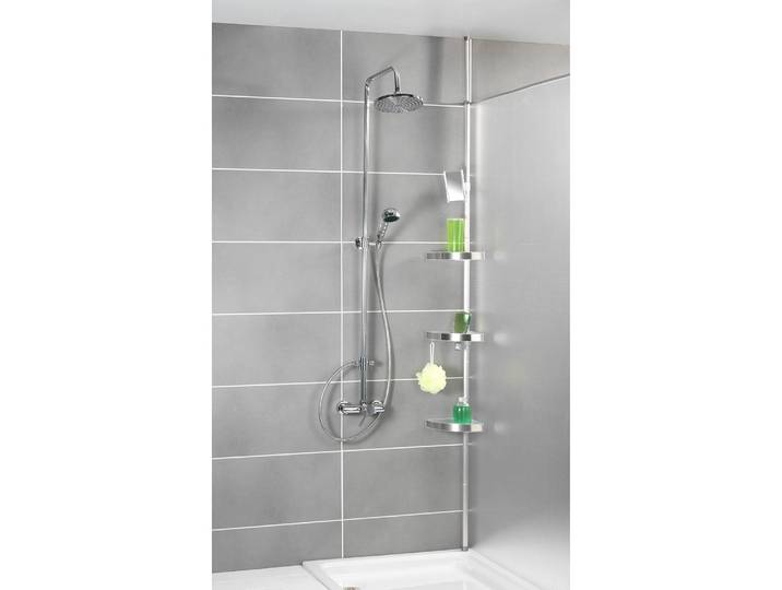 Duschregal Premium I Stange, Haken, Blenden: Aluminium, gebürstet Ablagen: Kunststoff Silber 28 x 260 x 20cm