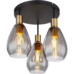 Deckenlampe Esstischlampe Deckenleuchte Wohnzimmerlampe, 3 flammig Retro, Rauchglas Metall schwarz messing, Fassungen 3x E27 DxH 38x38 cm