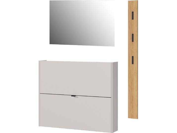 Garderoben-Set GERMANIA GW-Ameca , beige (kaschmir, navarra, eiche, nachbildung), B:130cm H:200cm T:18cm, Spanplatte, Kastenmöbel-Sets, Garderoben-Set, Garderoben-Set bestehend aus Schuhschrank, Spiegel & Garderobenpaneel