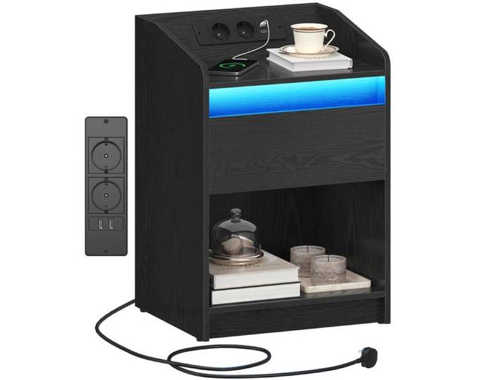 Table de Chevet avec Éclairage LED Table de Nuit avec Multiprise Noir 1 pièces 1 pièces CHEVET