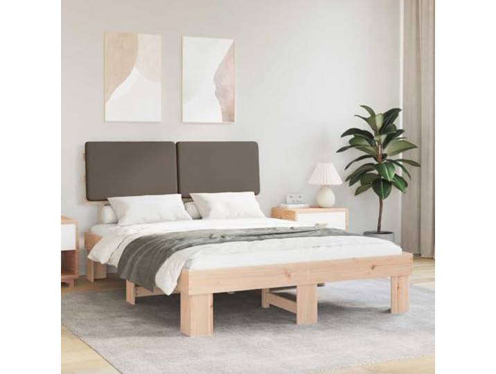 Gepolstertes Kopfteil Kiefernholz modern Schlafzimmer Plattform Lattenrost Bettgestell mit gepolstertem Kopfteil Taupe 150x200 cm Massivholz Kiefer mit Lattenrost, ohne Boxspring, waschbarer Bezug,