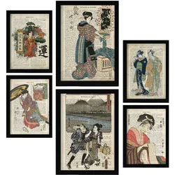 POSTER Set Mit 6 Japan Vintage Papier Stil Plakate Mit Enzyklopädie Hintergründen Ukiyo E Japanische Geishas Innenarchitektur A3 & A4 Schwarzer Rahmen