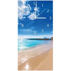 Wallario Uhr 30 x 30 cm, weiße Zeiger Traumstrand unter blauem Himmel
