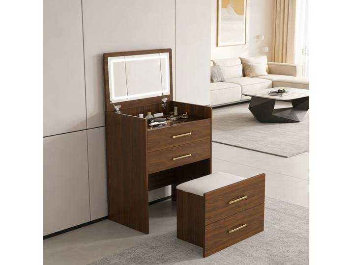 Coiffeuse avec miroir LED ensemble coiffeuse avec 4 tiroirs et tabouret pour petite chambre 60x40x118cm Noyer