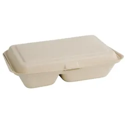Gastronoble Kompostierbare 2-Fach-Boxen mit Klappdeckel aus Bagasse in natürlicher Farbe 253mm (Packung mit - FIESTA COMPOSTABLE