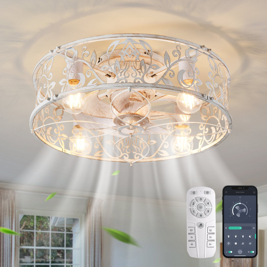 Blue Elephant 50cm Farmhouse Reversible Caged Ceiling Fan with Light Kit And Remote Distressed White 30cm