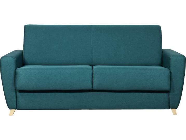 Canapé convertible 3 places en tissu bleu canard et bois clair avec matelas 18 cm GRAHAM
