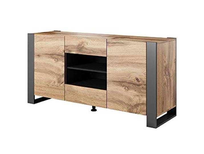BIM Furniture Kommode NUNKI 164 cm Sideboard Highboard Schrank Wotan Eiche Anthrazit Zwei Regal Zwei Schibladen