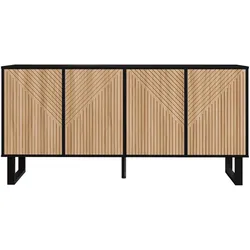 OKWISH TV-Schrank aus MDF und Holzwerkstoff in Schwarz/Natur, 160x38x75 cm, mit Eisenrahmen und viel Stauraum