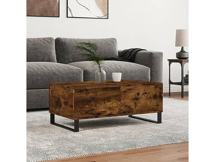 HEFZGDB Couchtisch Räuchereiche 90x50x36,5 cm Holzwerkstoff mit Schublade und Metallbeinen für Stauraum und Stabilität, robuster Beistelltisch mit glatter Oberfläche, langlebiges
