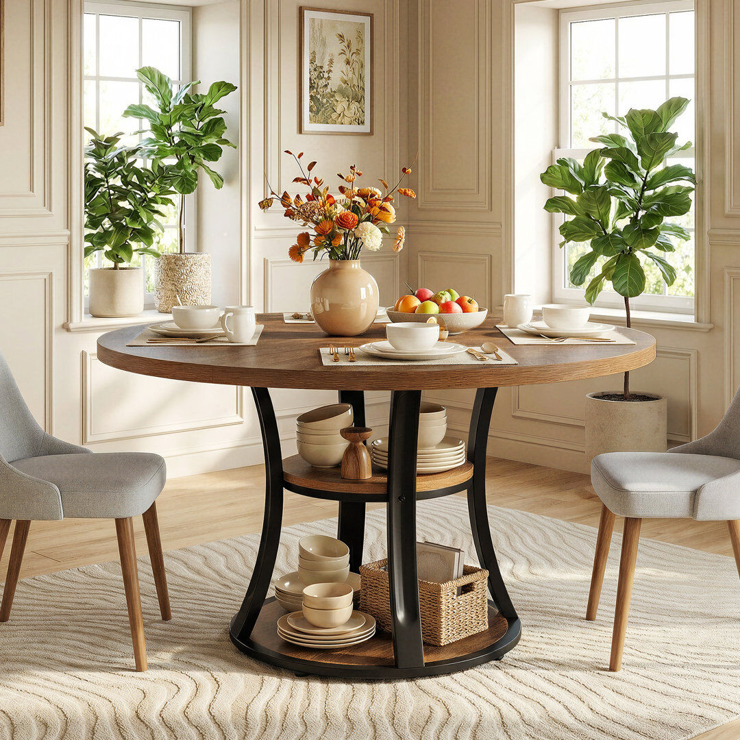 Blue Elephant Round Dining Table with Stainless Steel Base Brown