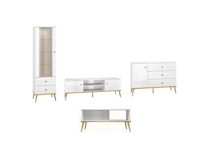 Feldmann-Wohnen Wohnzimmer-Set Goldin 4-teilig, Weiß, Holz, 5 Fächer, 5 Schubladen, Rechteckig,Rechteckig, 335x190x40 cm, Wohnzimmer, Wohnwände