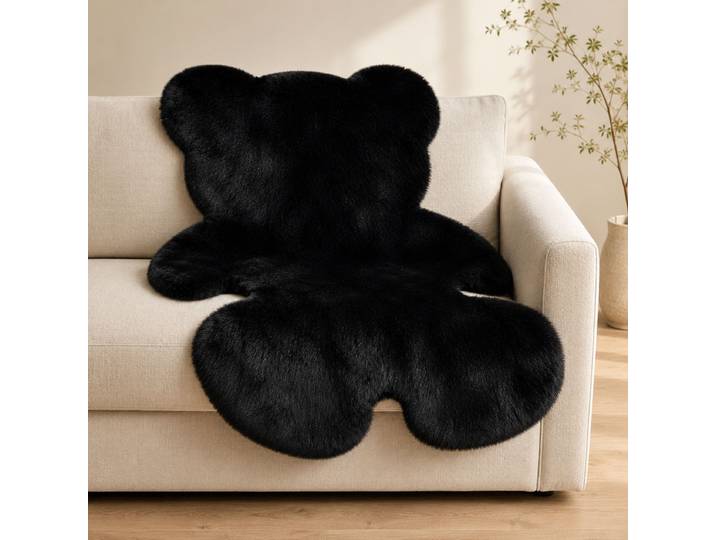 Tapis Ourson en Fausse Fourrure de Lapin Peluche Doux, 70x90 cm Tapis Shag Antidérapant, Tapis d'Appoint Mignon Noir pour Chambre d'Enfant, Chambre Bébé, Décoration de Chambre