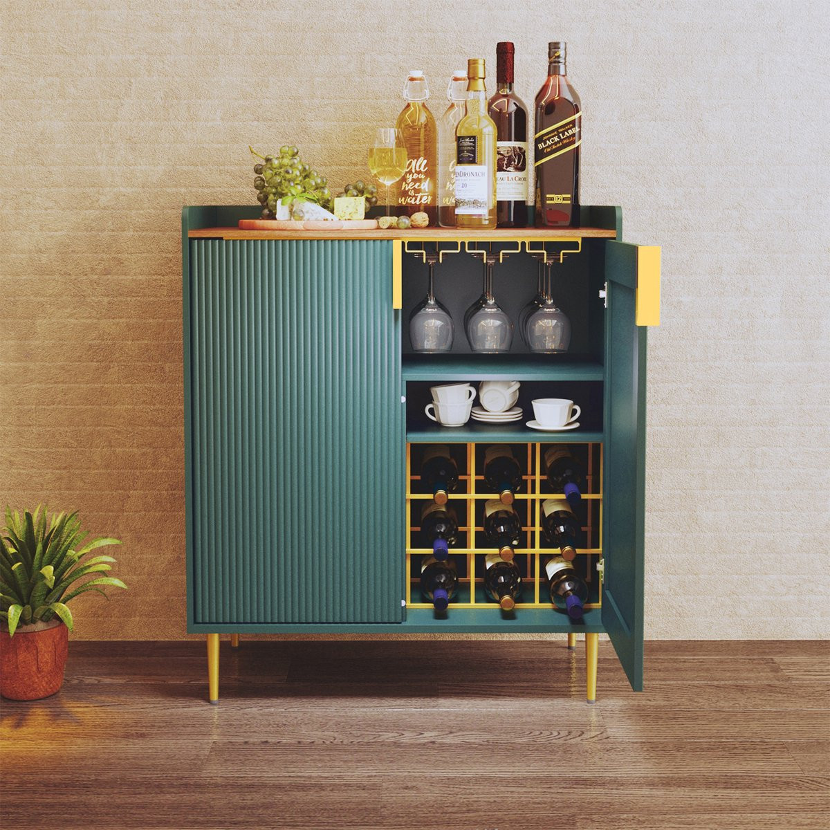 HOLTICO Wijnkast met flessenrek voor 9 flessen, moderne houten barkast, Groen