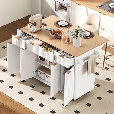 toswini Fluted MDF Kitchen Island with Drop Leaf Power Outlet and Storage